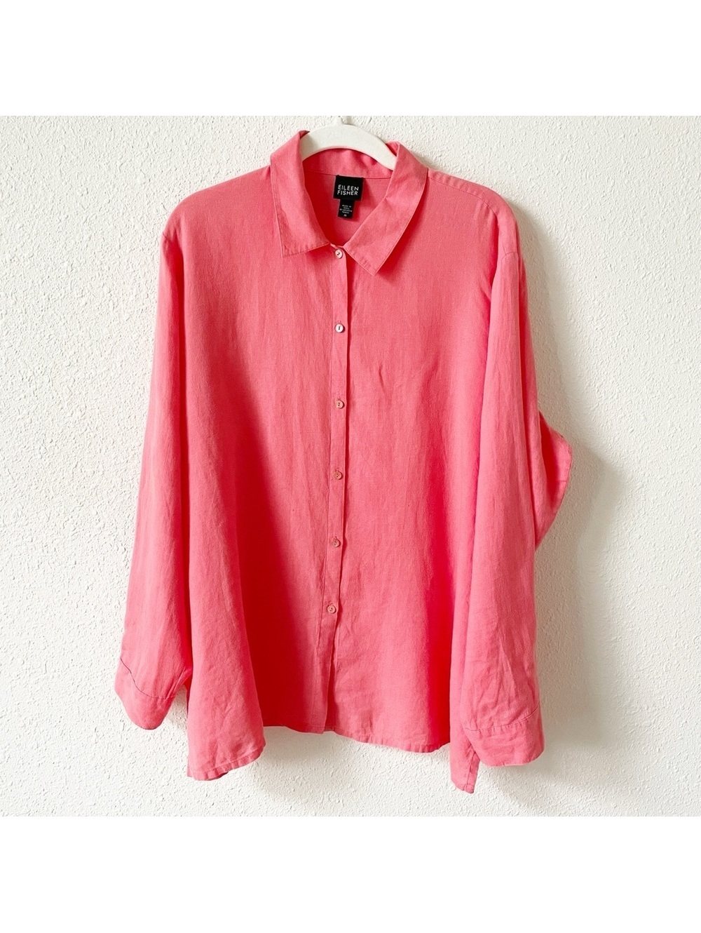 Eileen Fisher 100% Irish Linen Button Front Top Coral Medium Coastal Lagenlook